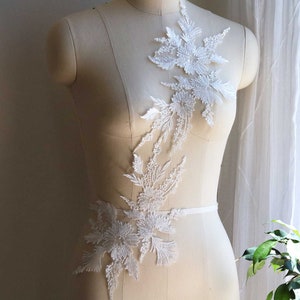 2148 Sequin Lace Applique for Wedding Dress, Light Ivory Bridal Gown Lace Applique, Bridal Veil Lace, Mirrored Pair Lace Applique, Leaf Lace