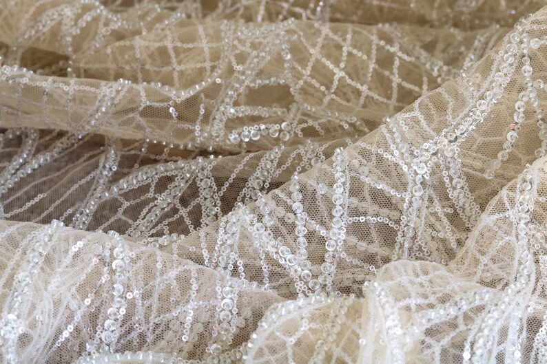 M004 Champagne Lace Fabric Sequin Beaded Lace Fabric Lace Etsy