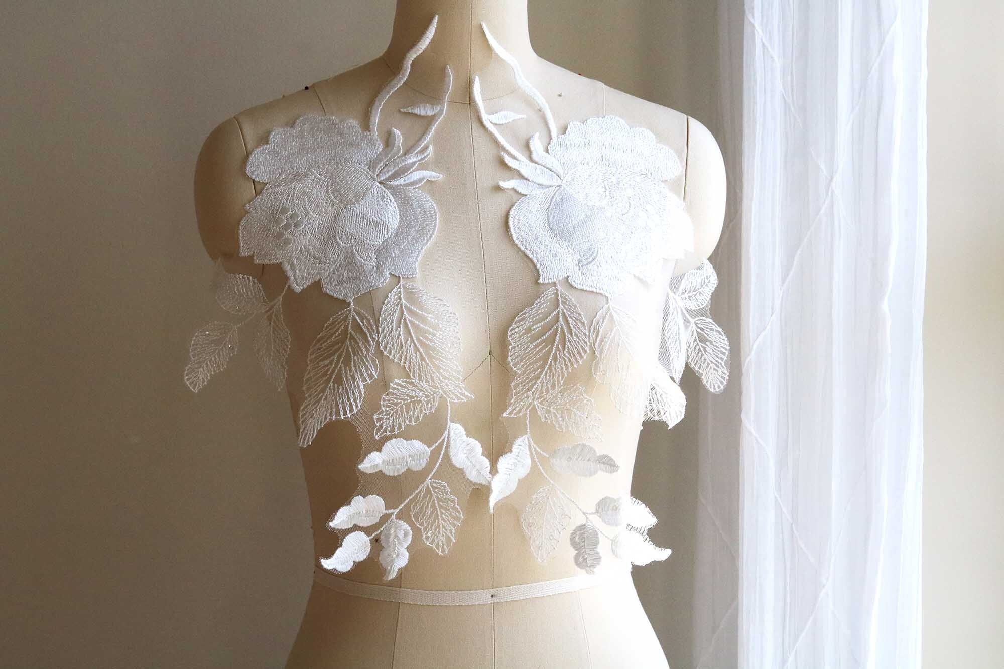 2112 Flower Lace Applique for Wedding Dress, Light Ivory, Sequin Beaded ...