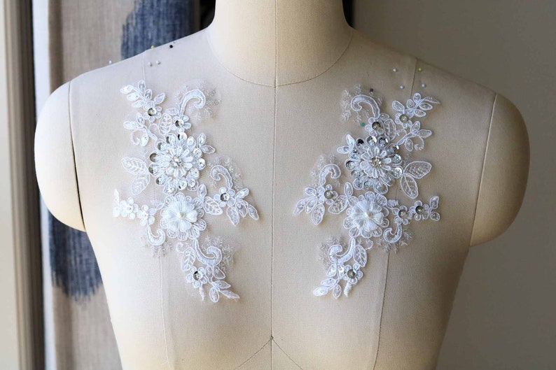 Rhinestone Beaded Lace Applique Pearl Sequin Lace Pair 2028 White Lace Applique 3D Wedding Bridal Lace Applique Handmade Lace Applique