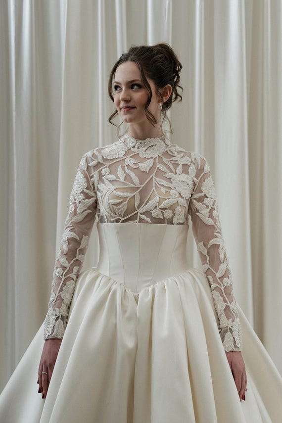 beaded empire waist wedding dress Buy Long Sleeve Basque With Lace Top Bridal Gown, High Neck Sheer Bodice Ball Gown With Cathedral Train Online in India Size:24 - Bust 48