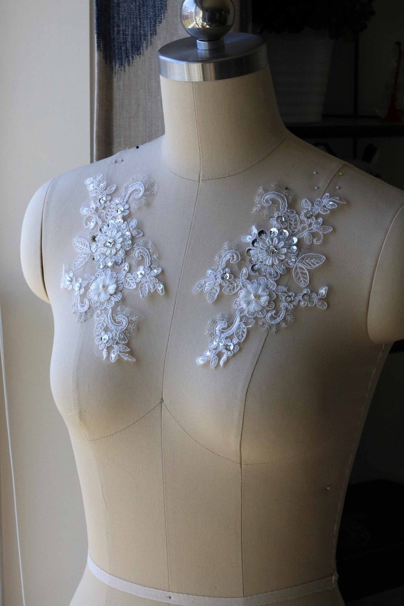Rhinestone Beaded Lace Applique Pearl Sequin Lace Pair 2028 White Lace Applique 3D Wedding Bridal Lace Applique Handmade Lace Applique