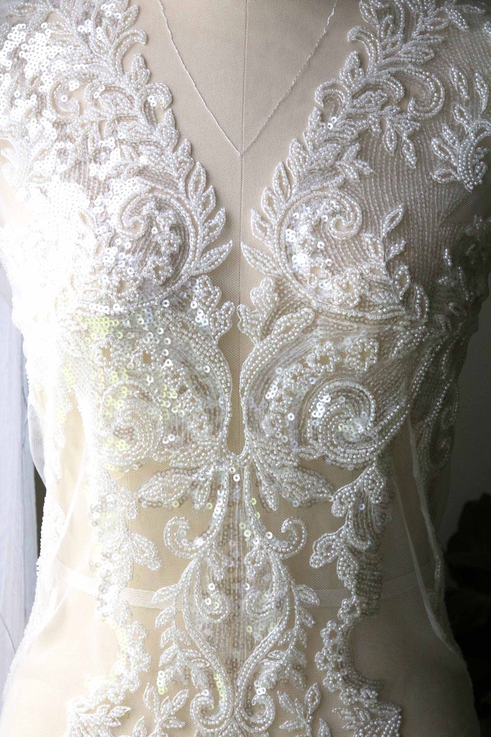 2046 Deep V Neck Bridal Gown Lace Applique, Bodice Sequin Beaded Lace ...