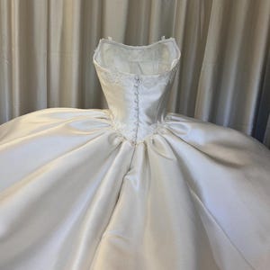 Lace Cat Eye Corset Ball Gown Wedding Dress with Cathedral Train, Dramatic Classic Satin Bridal Gown with Lace Up Back, Vintage Vibe Gown