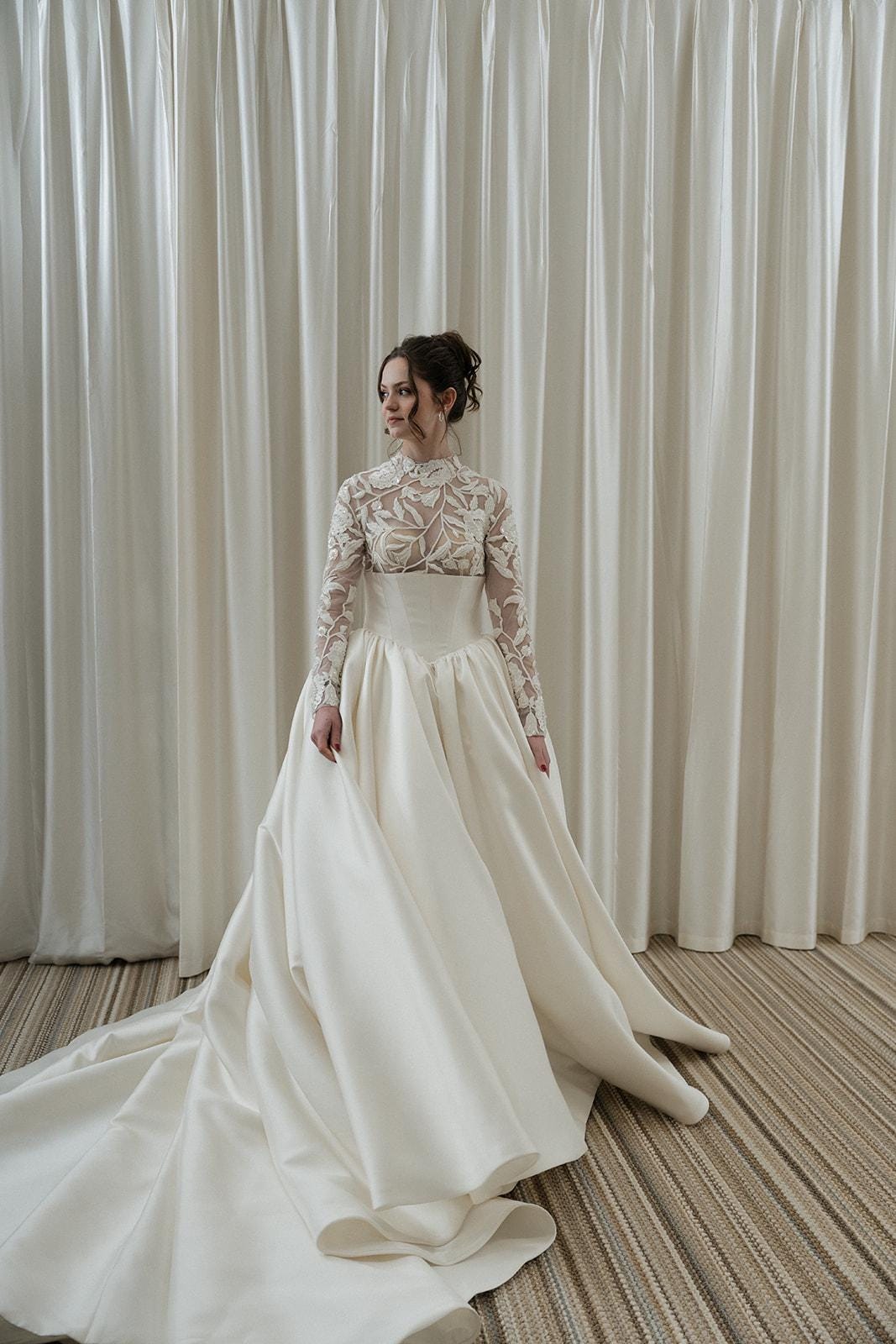 Long Sleeve Basque Waist Wedding Dress with Beaded Lace Top Bridal Gown, High Neck Sheer Bodice Ball Gown with Cathedral Train Long Sleeve Basque Waist Wedding Dress with Beaded Lace Top Bridal Gown, High Neck Sheer Bodice Ball Gown with Cathedral Train