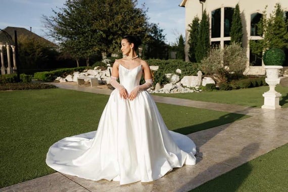 Dramatic Cat Eye Corset Ball Gown Wedding Dress with Royal Cathedral Train, Simple Classic Mikado Bridal Gown with Lace Up Back