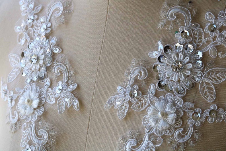 Rhinestone Beaded Lace Applique Pearl Sequin Lace Pair 2028 White Lace Applique 3D Wedding Bridal Lace Applique Handmade Lace Applique