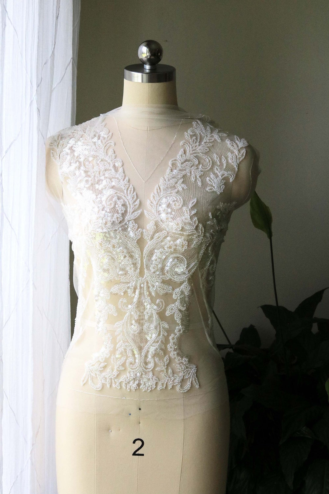 2046 Deep V Neck Bridal Gown Lace Applique, Bodice Sequin Beaded Lace ...