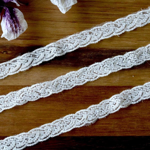 V011 Head Band Lace Trim, 0.5 Inch Beaded Lace Trim, Belt Lace Trim, Light Ivory Lace Trim, Bridal Belt Lace Trim, 3D Lace Trim, Bridal Veil