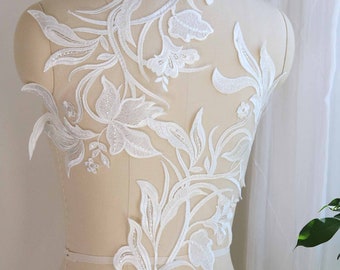 2081 Pair Bridal Lace Applique, Light Ivory Wedding Dress Lace Applique, Clear Sequin Beaded Lace, Bridal Gown Lace Applique, Lace Pair