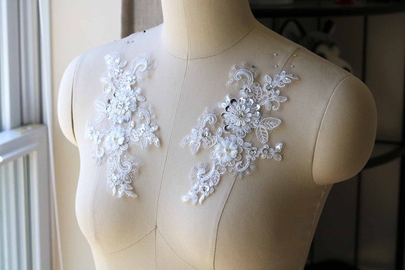 Rhinestone Beaded Lace Applique Pearl Sequin Lace Pair 2028 White Lace Applique 3D Wedding Bridal Lace Applique Handmade Lace Applique