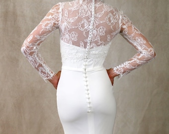 Long Sleeve French Lace Bridal Bolero with High Neck Floral Appliqué