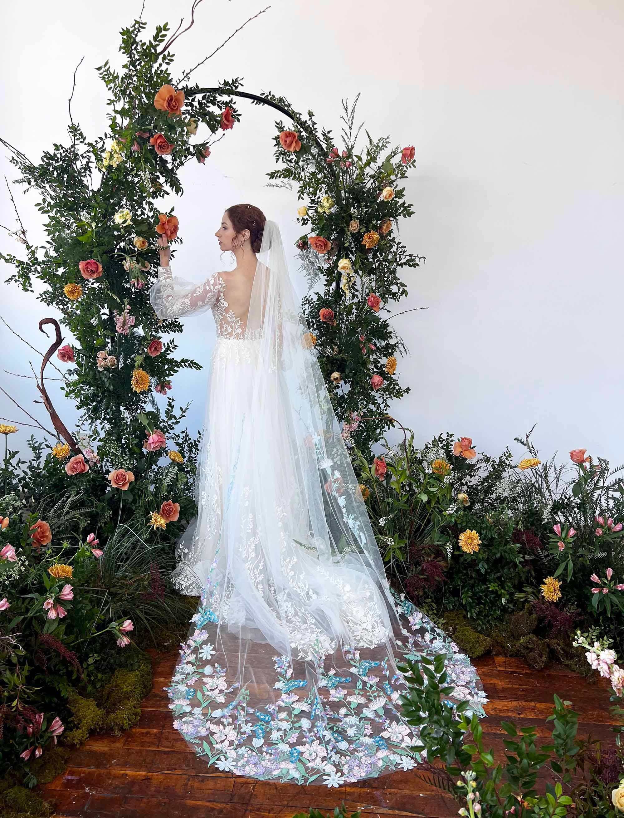 Sequin Beaded Wild Flower Bridal Veil, Turquoise Green Pink Blue