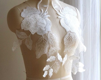 2112 Flower Lace Applique for Wedding Dress, Light Ivory, Sequin Beaded Lace Applique, Unique Mirrored Pair, Soft Shine Lace Applique Bridal