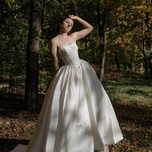 Cat Eye Corset Ball Gown Wedding Dress with Cathedral Train, Dramatic Simple Classic Satin Bridal Gown with Lace Up Back, Vintage Vibe Gown image 10