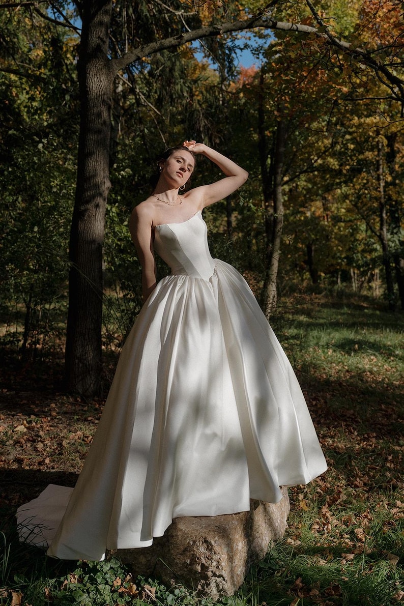 Cat Eye Corset Ball Gown Wedding Dress with Cathedral Train, Dramatic Simple Classic Satin Bridal Gown with Lace Up Back, Vintage Vibe Gown image 10