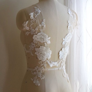 2181 Spitzen Applikation, Spitzen Applikation für Hochzeitskleid, Baumwollspitze Applikation, Mieder Applikation, Blüten und Blatt Spitze, Brautschleier Spitze, 1 Paar