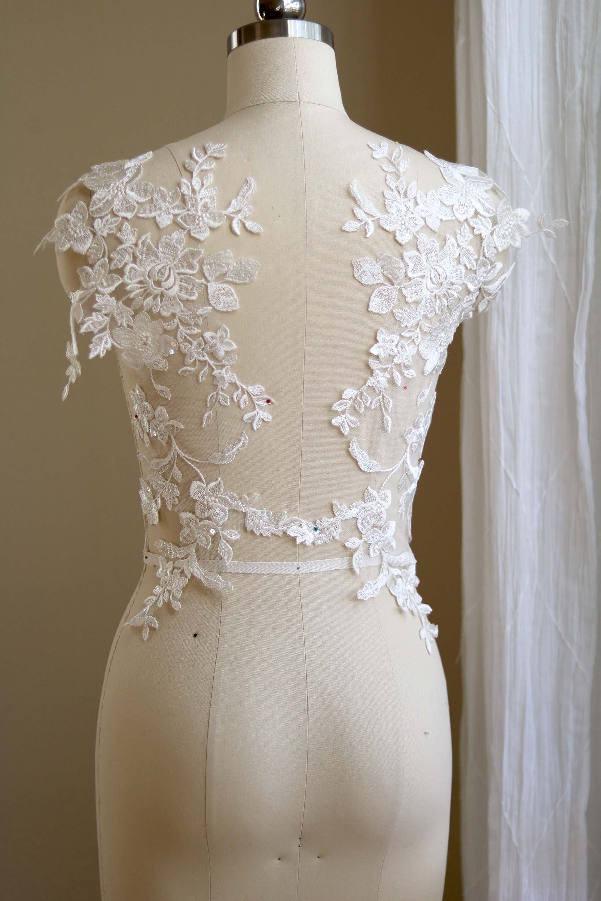 2250 Large Off White Lace Applique with Clear Sequin, Light Ivory Lace Applique with Mirrored Pair for Bridal Gown, Veil, Dresse, Costume