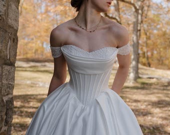 Pearl Corset Ball Gown Wedding Dress With Cathedral Train, Lace Up Back Princess Satin Bridal Gown with Off Shoulder Sweetheart Neck