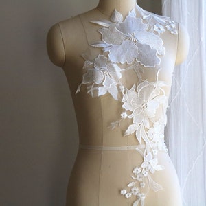 2197 grote bloem kant appliqué, licht ivoor bruidsjurk kant appliqué, uniek gespiegeld paar, lijfje trouwjurk kant, oversized kant