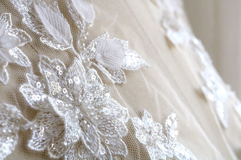 May include: Close-up of white lace fabric with delicate floral patterns and sequins. The fabric has a soft, sheer texture and a subtle shimmer.