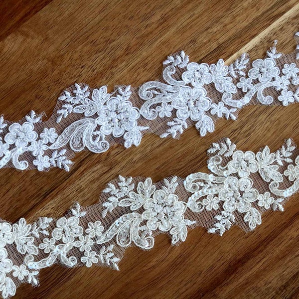 V029 2" White Beaded Sequin Lace Trim, Ivory Lace Trim, Wedding Dress Lace Trim, 3D Lace Trim, Lace Trim for Short Lace Trim