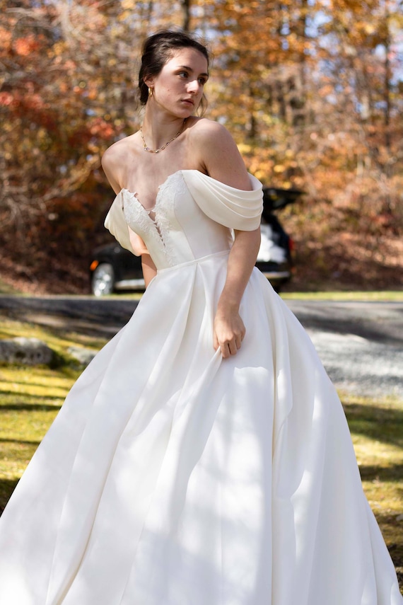 Off Shoulder A-Line Wedding Dress with Cathedral Train, Mikado Ball Gown Wedding Dress with Deep V Neck and Buttons On the Back