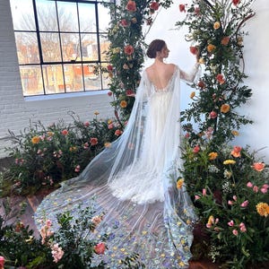 Wild Flower Bridal Cape, Green Purple Yellow Wedding Cape, Colorful Outdoor Wedding Bridal Veils, Custom Made Veils, Unique Veil Cape V005