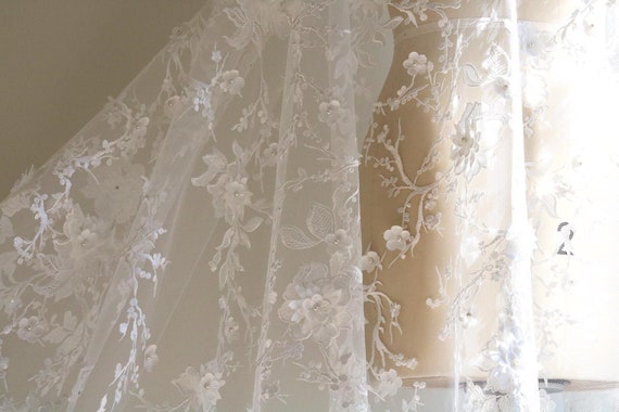 M005 3D Lace Fabric for Wedding Dress, Off White Floral Lace Fabric, Pearl Beaded Lace, Bridal Gown Lace Fabric, Flowers and Leaves Lace