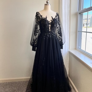 Black Wedding Dress with Long Sleeves, Lace Wedding Dress Long Puffy Sleeves