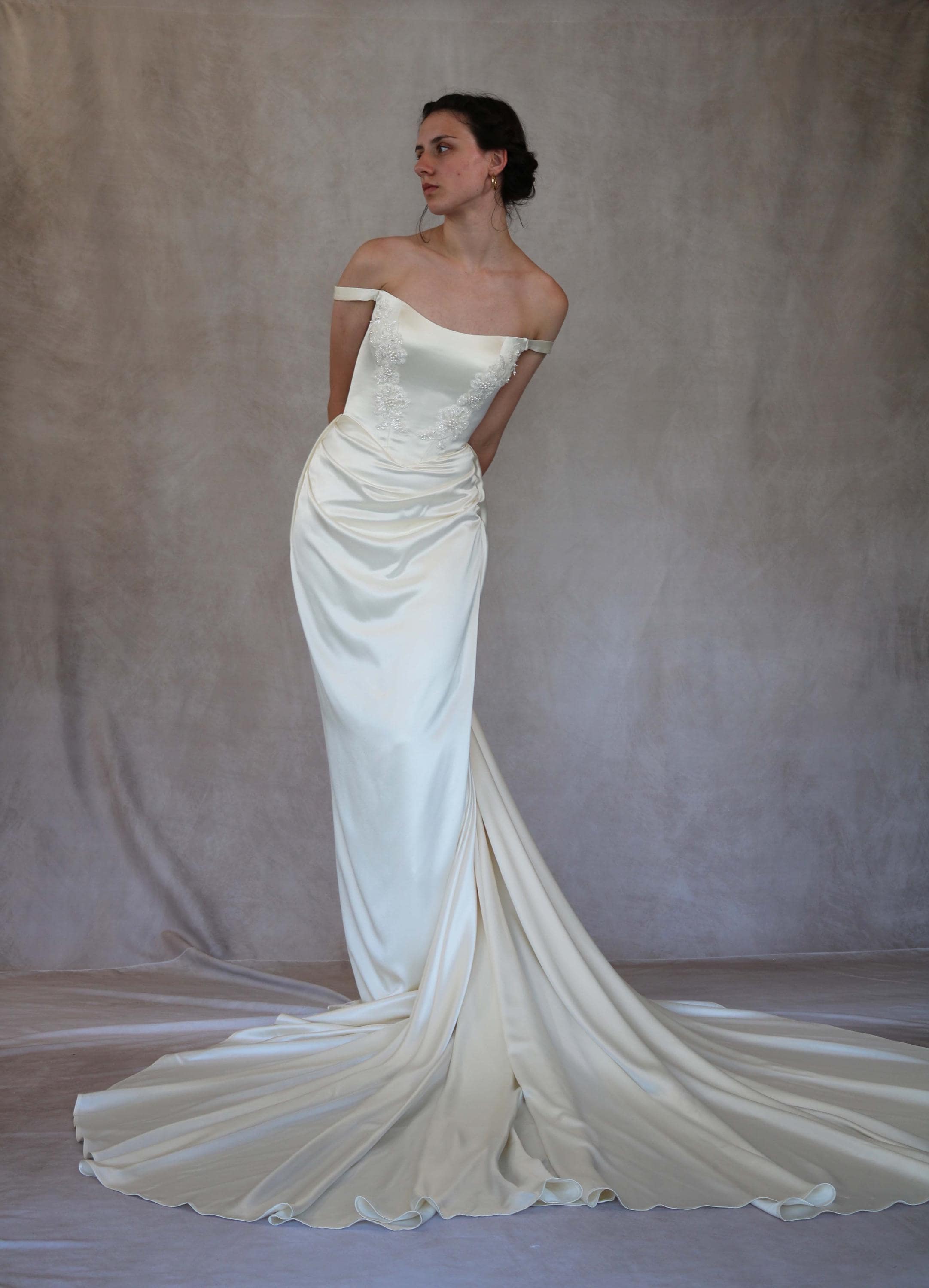 cream ivory wedding dresses Elegant Long Sleeves Court Train Ivory Wedding Dress With Lace  Appliques,MW313 – Musebridals main image 1