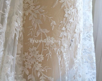 M017 Beaded Bridal Lace Fabric, Light Ivory Bridal Gown Lace Fabric, Sequin Lace Fabric, Wedding Dress Lace Fabric, Leaf Flower lace Fabric