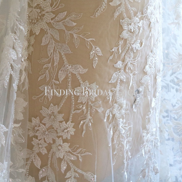 M017 Beaded Bridal Lace Fabric, Light Ivory Bridal Gown Lace Fabric, Sequin Lace Fabric, Wedding Dress Lace Fabric, Leaf Flower lace Fabric