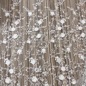 M005 3D Lace Fabric for Wedding Dress, Off White Floral Lace Fabric, Pearl Beaded Lace, Bridal Gown Lace Fabric, Flowers and Leaves Lace 1 Yard (New Batch)