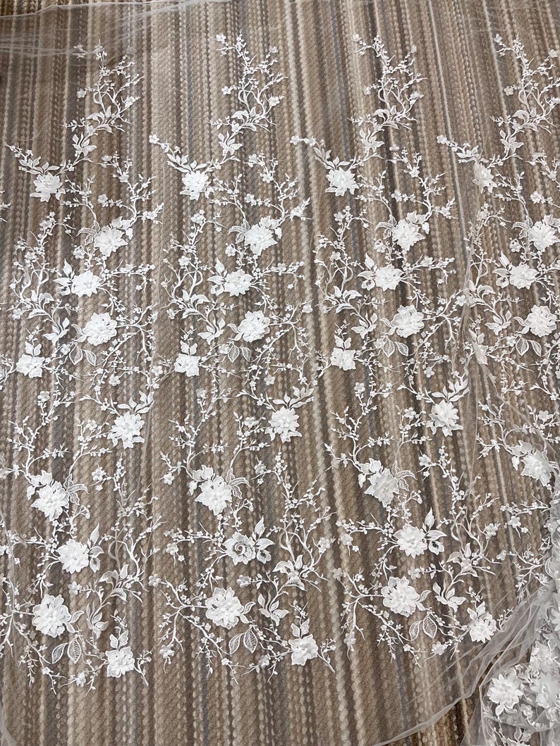 M005 3D Lace Fabric for Wedding Dress, Off White Floral Lace Fabric, Pearl Beaded Lace, Bridal Gown Lace Fabric, Flowers and Leaves Lace 1 Yard (New Batch)