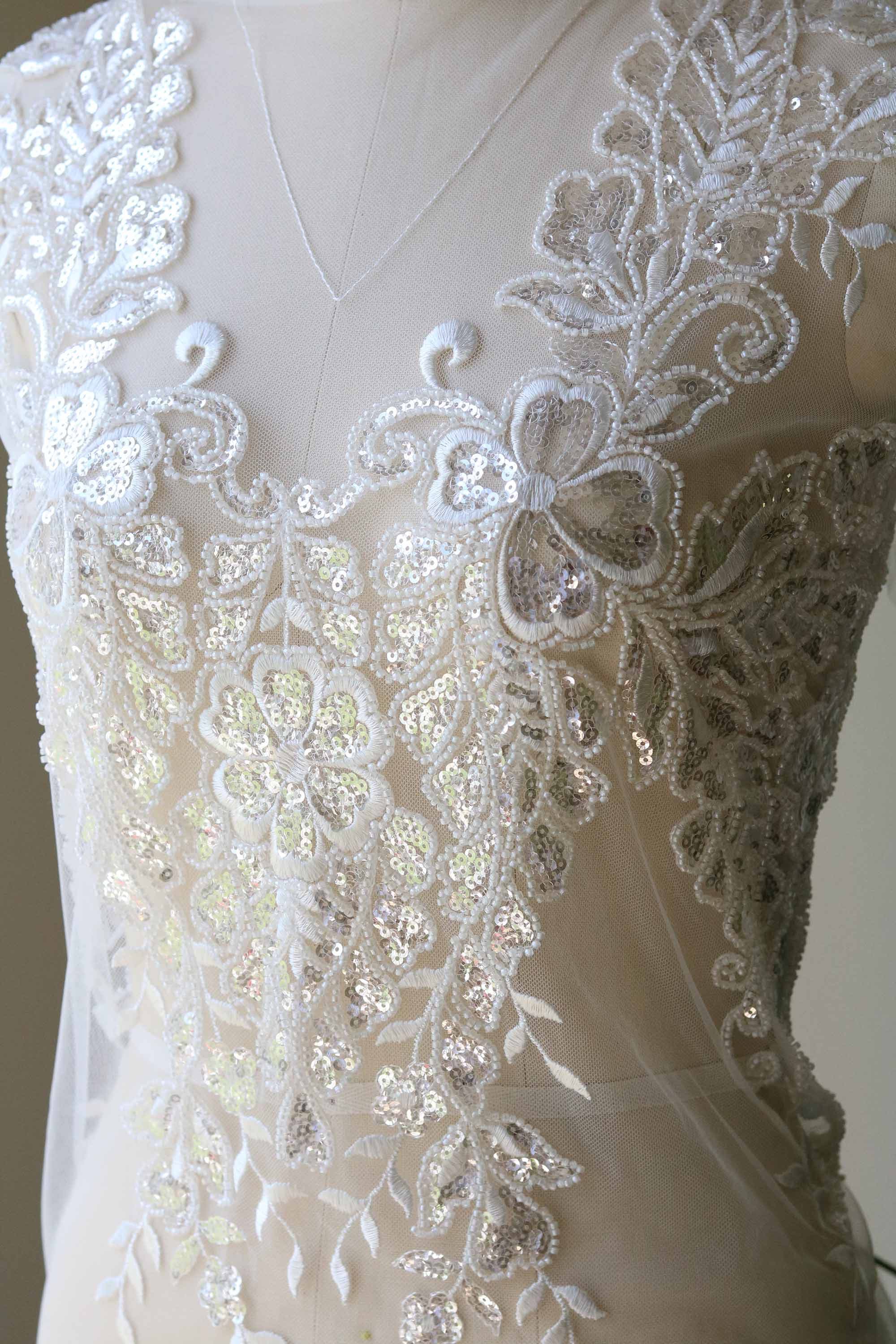 2041 Deep V Neck Bridal Gown Lace Applique, Bodice Sequin Beaded Lace ...