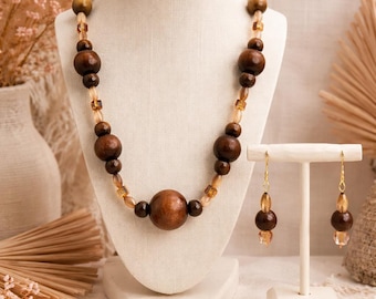 Boho Wooden Bead Necklace And Earring Set,Brown And Gold Jewelry Set,Rustic Boutique Jewelry, Handmade Boho Jewelry