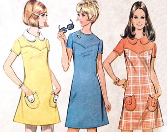 Patrón de costura vintage de 1970 para vestido camisero con canesú, McCall's 2391, nuevo y fácil de confeccionar.