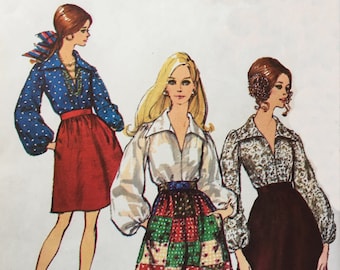 Simplicity 8550 1969 Falda maxi, pantalones palazzo, blusa de manga obispo con enorme cuello puntiagudo VFG