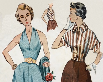 Patrón de costura vintage Simplicity 3238 de 1950 para vestido y chaqueta con cuello halter cortados al bies. Muy buen estado.