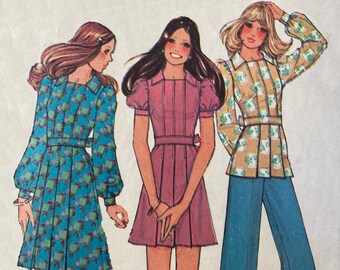 Patrón de costura de vestido con pliegues de los años 70, McCall's 3868, mangas obispo y abullonadas, VFG
