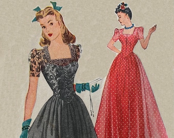 Vestido de fiesta formal de noche Simplicity 4065 estilo vintage de los años 40 con escote cuadrado. VFG