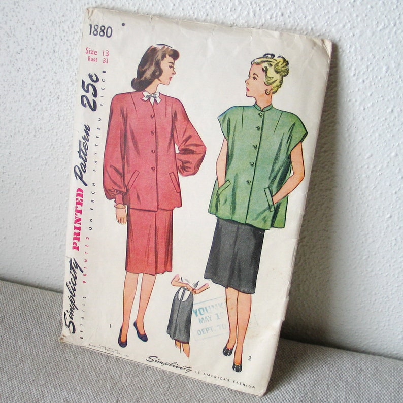 Vintage 1946 Simplicity 1880 Maternity Top Jacket and Expandable Skirt Sewing Pattern image 1