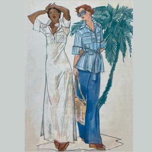 May include: Watercolor illustration of two figures in 1970s fashion. One wears a white dress with a collared shirt, the other a blue and white striped shirt with blue pants. A palm tree is in the background.