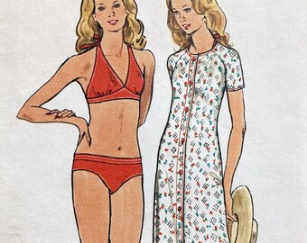 Patrón de costura vintage Butterick 3716 de los años 70: traje de baño bikini con cuello halter y pareo largo (VFG)
