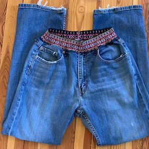 Reworked Levis Elastic Waist Jeans, Upcycled Boho Sashiko Patchwork Waistband, Crazy Comfortable Vintage Denim, Sustainable OOAK, US M
