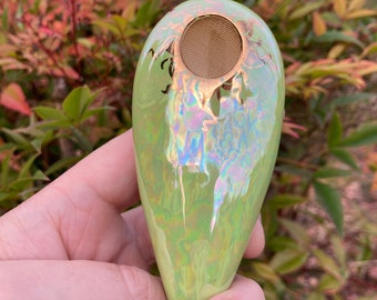 Handmade Porcelain Oval Palm Pipe: Mother of Pearl and Gold Sunshine Detail