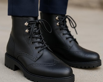 Botas brogue de cuero negro para hombre: botines con cordones y punta de ala hechos a mano con suela resistente / Calzado clásico formal e informal