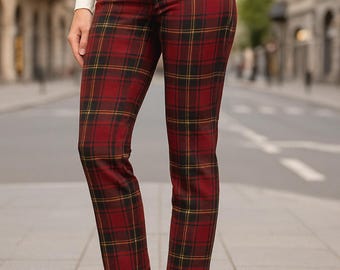 Women’s Tartan Plaid Pants – Slim Fit High Waisted Dress Trousers | Classic Scottish Check Pattern Office & Casual Wear