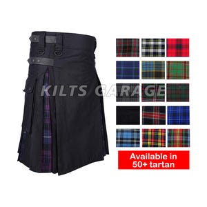 Scottish Handmade Hybrid Utility Kilt for Men – Black Cotton & Tartan Kilts – 40+ Tartans – Custom Size – Wedding or Casual Wear